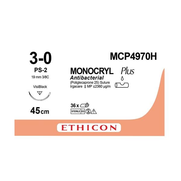 MONOCRYL PLUS Suture Monofilament Undyed 45cm 3-0 3/8C Reverse Cutting Prime PS-2 19mm 36pk